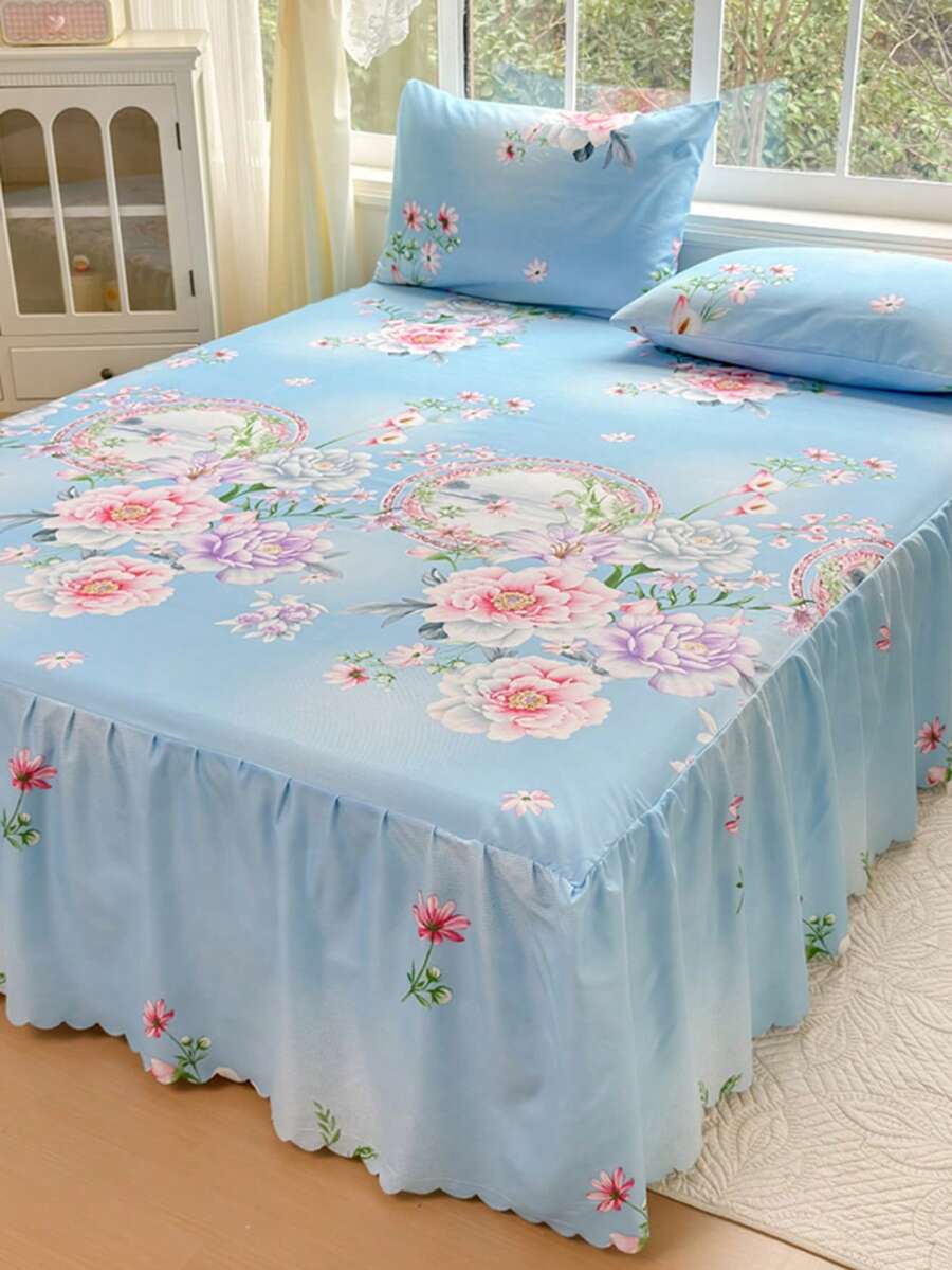 Bộ 3 món (1 ga trải giường, 2 vỏ gối) họa tiết hoa mẫu đơn lớn kiểu Trung Quốc màu xanh dương, viền lá sen, ga trải giường che phủ toàn bộ bề mặt, chống bụi, có viền gấu, bộ 3 món ga trải giường xếp ly kèm 2 vỏ gối, chất liệu nhung mềm mại, thấm hút mồ hôi, thoáng khí, có thể giặt nước, viền gấu che phủ chân giường làm đẹp phòng ngủ, bộ 3 món bảo vệ nệm với viền gấu cố định.