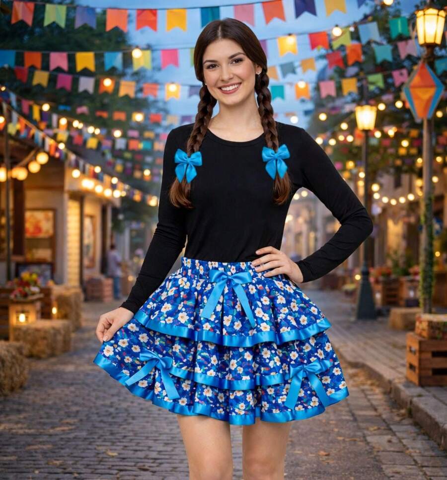 Plus Size Adult Red Plaid Skirt For June Festival, Women's Quadrilha Caipira (Traditional Square Dance), São João (Saint John's Day), Luxury 2026 - 藍色 - 查看 1