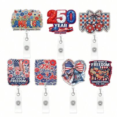 1个美国爱国闪光徽章卷轴，带可伸缩徽章夹和旋转鳄鱼夹，适合医生、护士、办公室工作人员，250周年独立纪念礼品