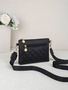 Bolso cruzado minimalista de moda de un solo hombro 2026, bolso cuadrado pequeño con textura de rombos, combinado con herrajes dorados, diseño de múltiples compartimentos - Negro - Ver 2
