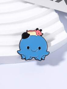 1pc Octopus & Companion Enamel Badge, Rounded Shape With Interactive Design On Top, Fresh Blue & Pink Color Scheme, Cute Style Brooch For Clothing Or Backpack, Suitable For Dark-Themed Cute Pet Animation Fans - Blue - View 8