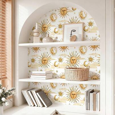 1 Roll Off-White Retro Celestial Art Self-Adhesive Wallpaper, Vinyl Material, Peel-And-Stick, Removable And Durable Wallpaper, Bohemian-Style Sun And Moon Face Design, Suitable For Home Decor, Wall Decals For Bedrooms, Living Rooms And Bathrooms