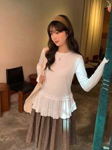 女士秋季芭蕾舞风格荷叶边长袖T恤，独特修身打底衫 白色 春季 - 白色 - 查看 5
