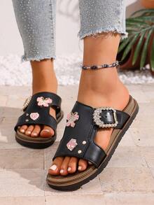 Sandalias planas de moda para mujer con tira adornada con rhinestones - Negro - Ver 6