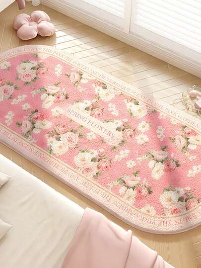 1pc Summer Fresh Pink & White Floral Bedroom Decor, Vanity Table Carpet, Ins Style Fluffy Living Room Rug, Oval Bathroom Balcony Hallway Carpet, Home Decor Rug, Doormat, Living Room Rug, Bedside Rug, Bedroom Rug, Entryway Rug, Kitchen Rug, Study Room Rug, Barefoot Dust-Proof, Girl Gift, Easy To Clean And Wash