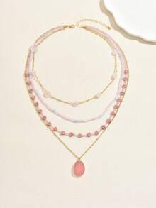 1pc Women's Bohemian Style Creative Fashion Multi-Layer Beaded Pendant Necklace, Suitable For Daily And Vacation Wear - Pink -- N362 - View 4