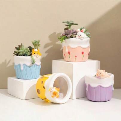 Cute Dessert-Themed Succulent Plant Potted, Creative Animal Shaped Planter, Suitable As Mini Bonsai Fairy Garden Decor, Home Desktop Ornament