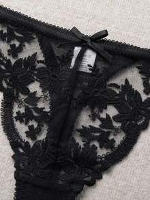 2 piezas Conjunto de lencería sexy con bordado floral para mujeres - Negro - Ver 10