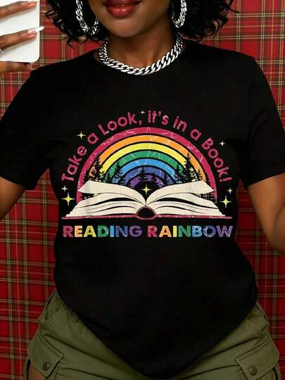 Take A Look Its In A Book Reading Rainbow T Shirt For Women Men Unisex White Cotton Tee Shirt With Rainbow And Open Book Design Perfect For Book Lovers Librarians Teachers And Readers Celebrating Literacy And Education