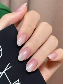 24片短款椭圆形按压式美甲贴片，月光粉白渐变色，附赠果冻胶和指甲锉 - 彩色 - 查看 1