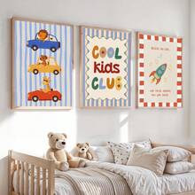 1/3幅无框彩色卡通动物、汽车和火箭装饰画，酷炫儿童俱乐部幼儿园装饰，励志语录帆布墙画，适合男孩卧室、游戏室 - 彩色 - 查看 3