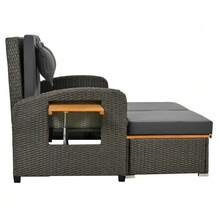 Garten-Lounge-Sessel-Set para 2 personas, ratán gris, versátil Rückenlehne, Stützfuß, mit Fußhocker o como Outdoor-Bett nutzbar, mit Rückenkissen und Sitzkissen (sku anterior:HW24020AAA) - Gris - Ver 3