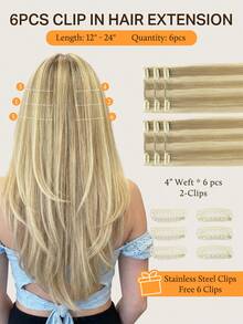 DOORES 6件装（含12个夹子）夹式真人发接发片，12-24英寸无缝Remy真人发接发片，双层缝制，适合女性日常使用，增加头发厚度和长度，打造自然造型 - S16/22A - 查看 3