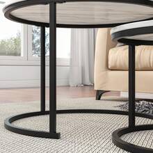 Nesting Coffee Table Set Of 2, Round White Marble Coffee Table, Nesting Tables For Living Room, Space Saving Side Tables With Metal Frame - Black - View 2