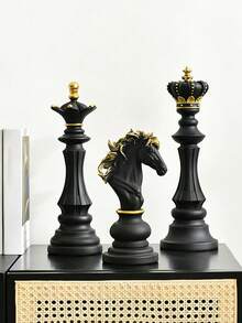 Chess King, Queen, Knight Sculpture Figurine, Home Office Desktop Decor Collectible Gift - Black - View 4