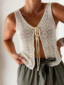 女士奶油色系带针织吊带背心，开襟无袖半透明夏季时尚，度假装，夏季上衣。 - 杏色 - 查看 6