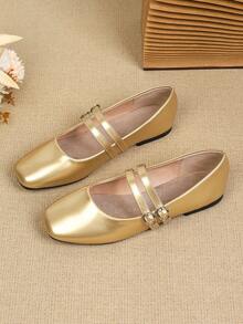 Giày bệt nữ kiểu Mary Jane một quai, đế mềm, kiểu dáng mới mùa xuân/thu, phù hợp với váy, có khóa cài. - Vàng - Xem 2