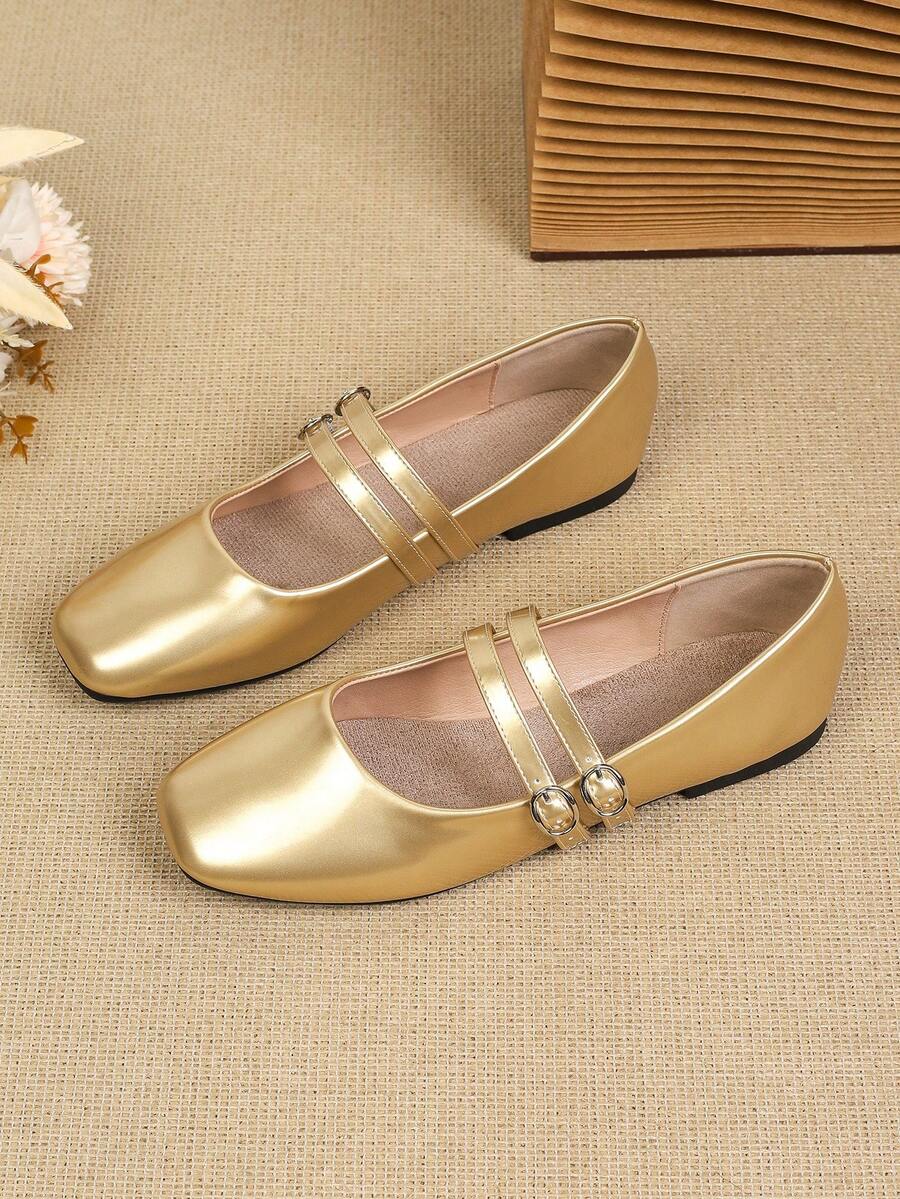 Women's Spring/Autumn New Soft Bottom Strap Flat Mary Jane Shoes, Suitable For Dresses, Buckle Closure - Gold - View 1