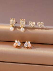 3 Pairs Delicate Pearl Stud Earrings, Zirconia Earrings, Unique Heart & Tulip Design Earrings, Versatile For Work And Daily Wear - Multicolor - View 6