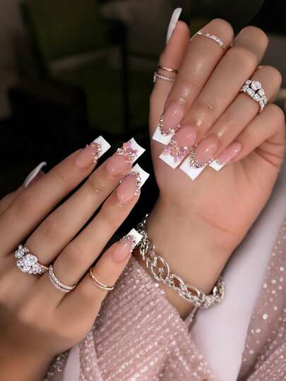 24pcs Pink White French Tip Press On Nails With 1 Jelly Glue + 1 Nail File - Square Fake Nails With 3D Iridescent Bow & Rhinestone Chain, Glossy & Strong Toughness, Reusable Glue On Nails For Women Girls, Ideal For Daily & Party False Nail