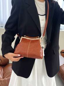 Tas Selempang Kulit PU untuk Wanita, Tas Tangan dengan Gesper Bergaya Vintage, Tali Bahu yang Dapat Diatur, Tas Bahu Tunggal Ringan Warna Polos dengan Lapisan Poliester - Coklat - View 11