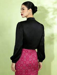 1pc Women's Elegant Asymmetric/Asymmetrical Long Sleeve Blouse, Solid Black Color, Spring/Summer - Black - View 2