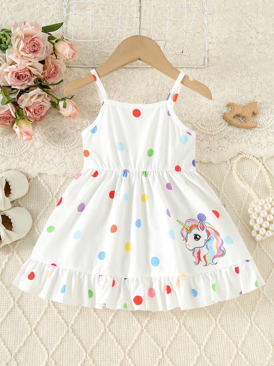 Baby GirlSweet Dreamy Colorful Polka Dot Unicorn Strap Waist Ruffle Hem Dress, Suitable For 0-3 Years Old, Summer Casual Dress For Daily Outing - White - View 1