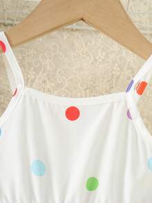 Baby GirlSweet Dreamy Colorful Polka Dot Unicorn Strap Waist Ruffle Hem Dress, Suitable For 0-3 Years Old, Summer Casual Dress For Daily Outing - White - View 3