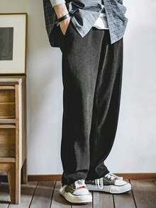 1pc Men's Corduroy Drawstring Waist Wide Leg Casual Sports Pants, Suitable Outdoor Activities - 黑色 - 查看 8