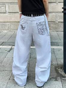 1件 Justice Brother 个性化印花撞色条纹舒适休闲男士宽松阔腿牛仔裤，四季皆宜（不含腰带/配饰） - 白色 - 查看 1
