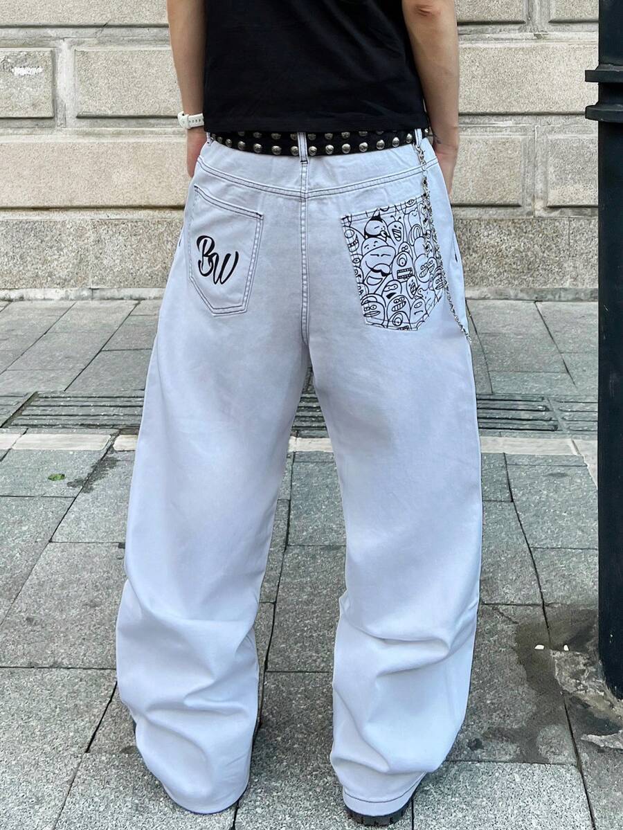 1件 Justice Brother 个性化印花撞色条纹舒适休闲男士宽松阔腿牛仔裤,四季皆宜(不含腰带/配饰) - 白色 - 查看 1