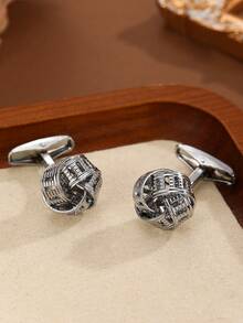 1pc Men's Silver Vintage Metal Round Wavy Striped Cufflinks, Adjustable Shirt Cuff Accessories For Casual Daily Wear - Silver - View 3
