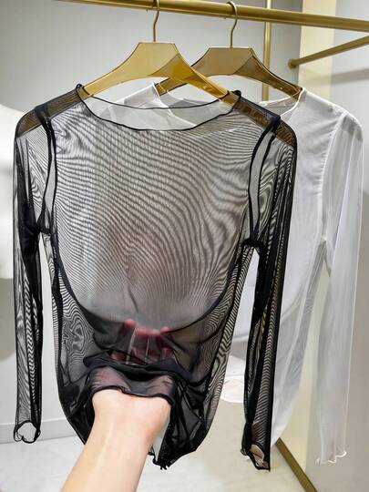 2pcs/Set Lace Sheer Mesh Long Sleeve Top, Versatile Undershirt Or Outerwear, Loose Fit Aging-Reducing Mom Style