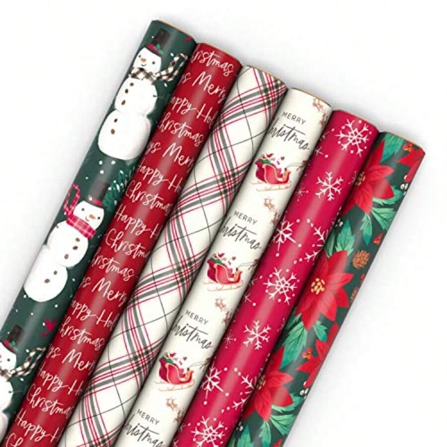Hallmark - Papel de regalo navideño reciclable rústico 6 rollos: 54.8 m2 total rojo blanco y verde cazador a cuadros flor de pascua copos de nieve "Feliz Navidad" muñeco de nieve Papá Noel - Verde cazador rojo blanco a cuadros mueco de nieve Pap Noel - Ver 1