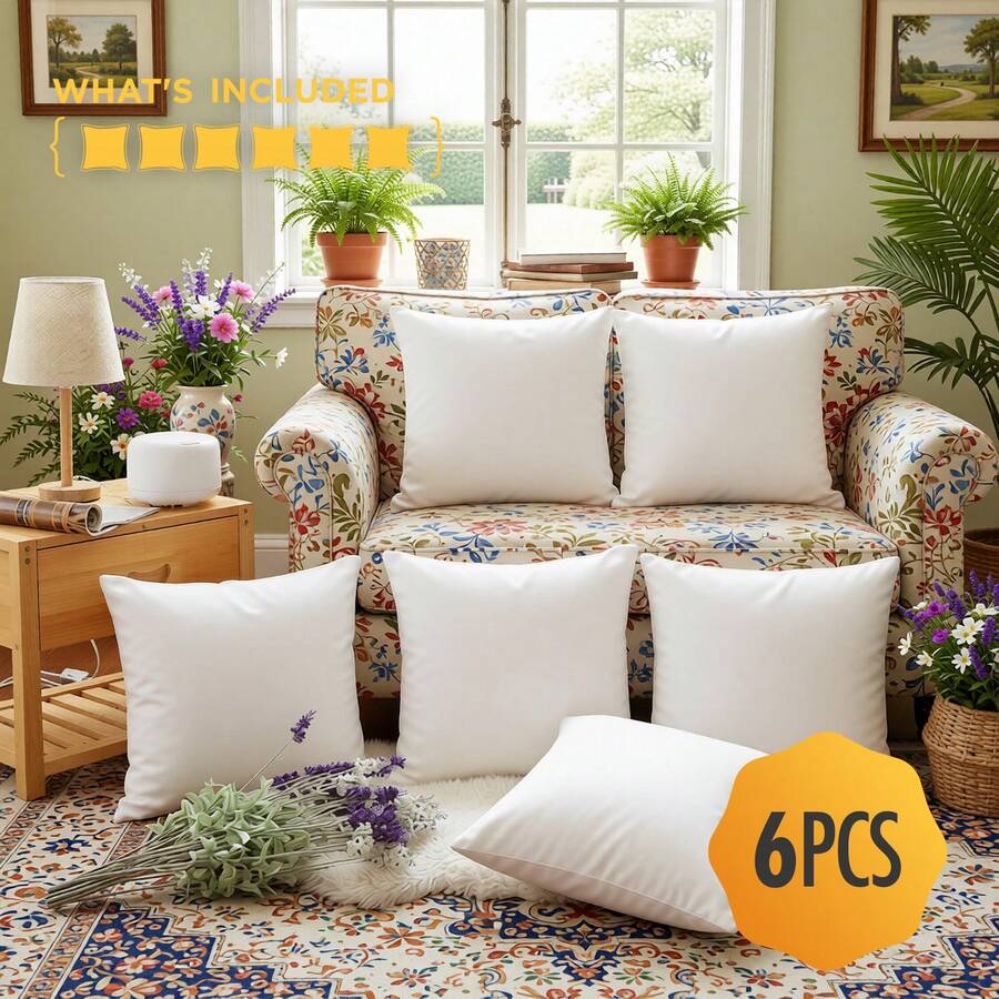 Premium White Polyester Down Alternative Cushion Inserts – Machine Washable Lightweight Pillow Inserts Available In 1/2/4/6/8 Packs, Multiple Sizes 12*20in 18in 20in 22in For Sofa Couch Pillowcase Filling - 6Pcs - 查看 1