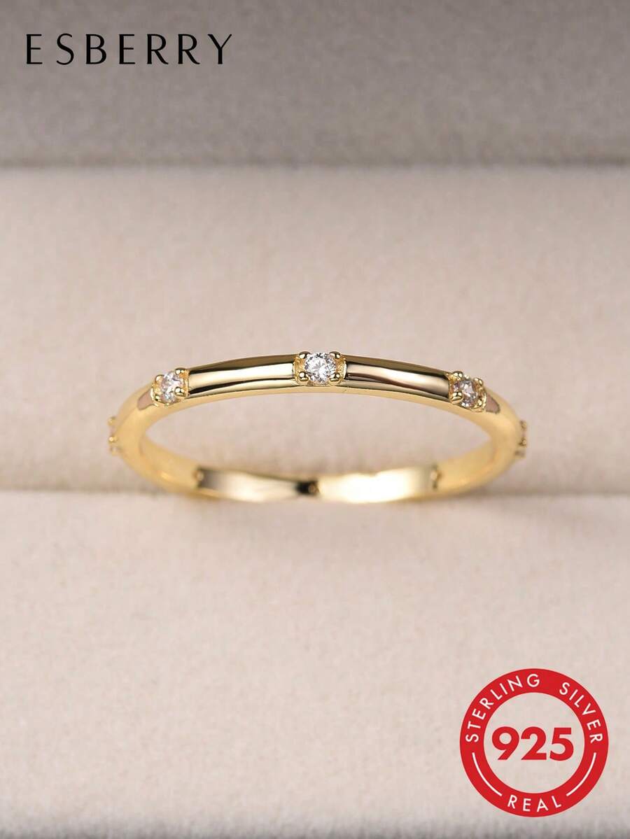 ESBERRY 1pc Exquisite Cubic Zirconia Ring, 925 Sterling Silver Plated Gold, Delicate Jewelry, Daily Wear, Gift - White - View 1