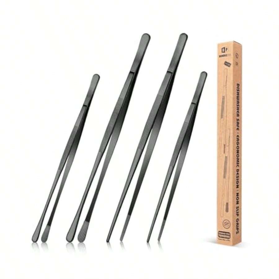 4 Pcs Fine Long Tweezer Tongs Professional Black, 12'' And 10'' Stainless Steel For Kitchen, Food, Cooking, Repairing, Sea Food And BBQ - 黑色 - 查看 1