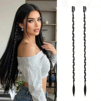 2 Tóc Nối Bện Kiểu Kẹp – Tóc giả dài bện với mái xéo phía trước – Tóc tổng hợp mềm mại, tự nhiên – Mượt mà và bóng mượt – Dành cho nữ – 20 inch (Có điểm nhấn dây ngọc trai)