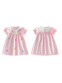 Toddler Baby Girl Birthday Dress Striped Cake Letter Embroidered Short Sleeve Crewneck A-Line Princess Dresses Cute Smash Cake Clothes - Hồng - Xem 10