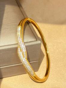 18K Gold Plated Twisted Curved Zirconia Stackable Bracelet Set, Fade-Resistant Adjustable Gold Bracelet, Elegant Women's Jewelry, Suitable For Daily Wear, Wedding - Multicolor - View 8