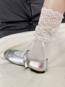 1/4 双甜美百搭蕾丝荷叶边蝴蝶结芭蕾舞风格中筒袜，春夏款 - 彩色 - 查看 12