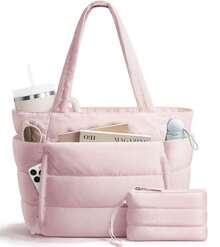 Puffer Tote Bag Women, Lightweight Puffy Work Handbag Teacher Nurse Quilted Shoulder Bag School Travel Gym - Hồng - Xem 2