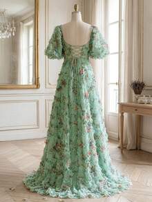 Women's Mini Floral 3D Mesh Sweetheart Collar Extra Long Evening Gown Vacation - Mint Green - View 9