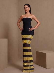 Women's Striped Contrast Color Elegant Strapless Fitted Mermaid Dress Party Wedding - Multicolor - View 2