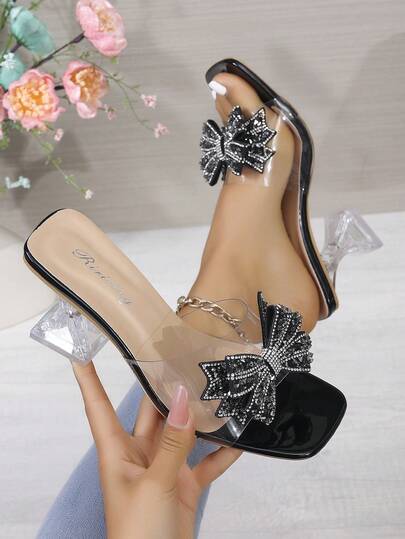 女士蝴蝶装饰透明拖鞋，夏季户外水钻中跟拖鞋，白色仙女风女士凉鞋