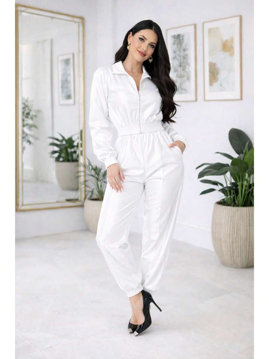 Women's Set: Long-Sleeved Blouse With Shoulder Pads And Jogger Pants In Thick Satin Crepe With Elastane, Fitted Cuffs, Stylish, Modern And Sophisticated - 白色 - 查看 1