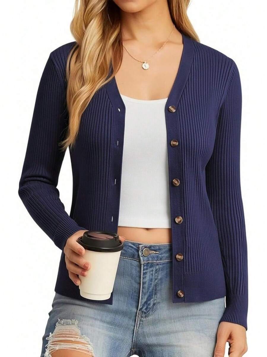 Women's Long Sleeve Button Up Cardigan Sweaters Ribbed Knit Open Front Casual - Navy - View 1