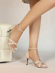 女士时尚欧美风蕾丝舒适舞会派对粗跟踝带黑色高跟凉鞋 - 杏色 - 查看 5