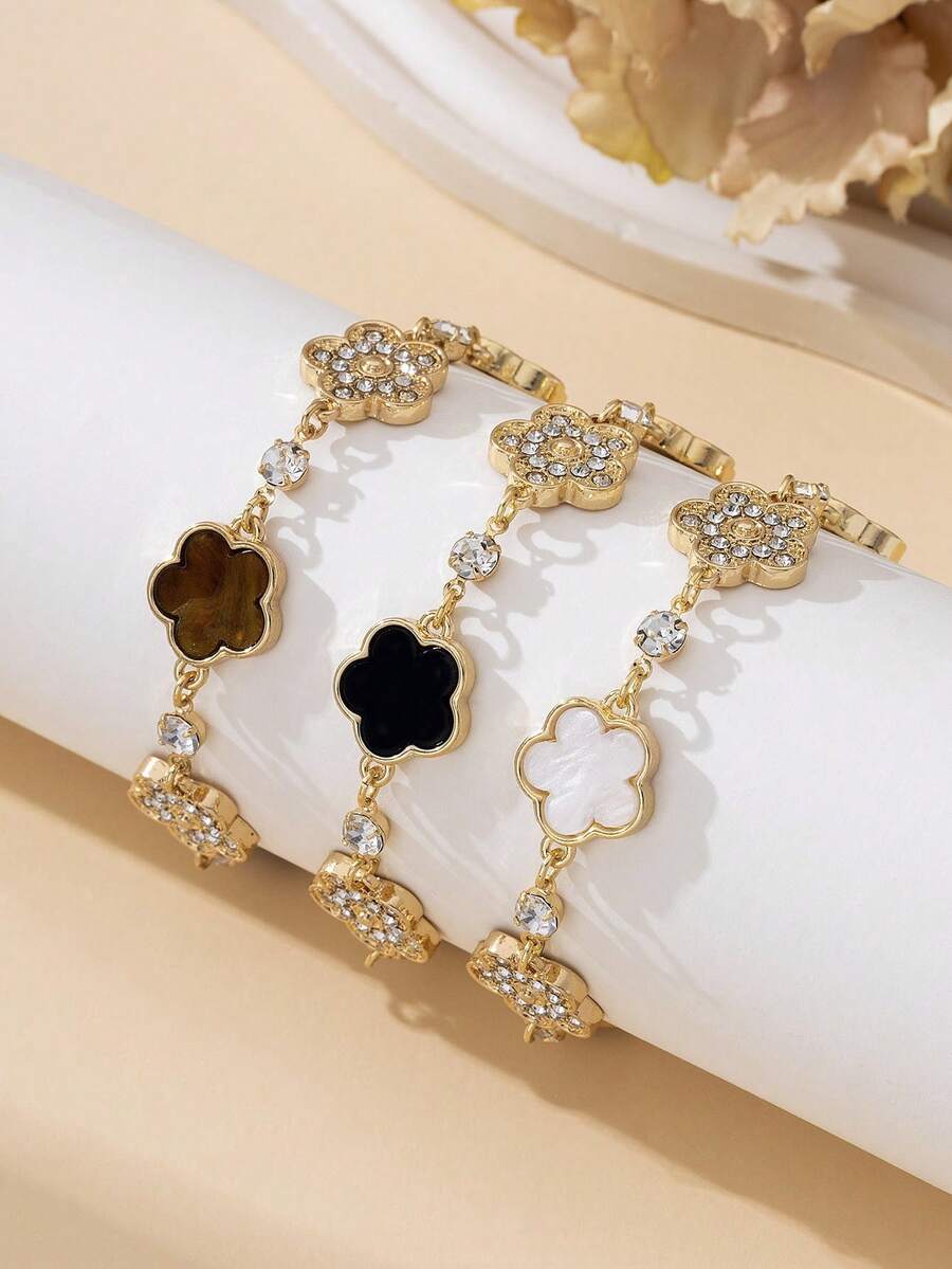 3件套奢华闪亮多色四叶草吊坠手链套装，优雅百搭女士手链套装 - 彩色 - 查看 1