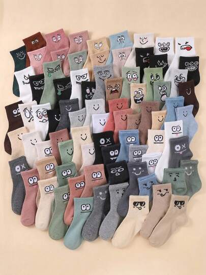 10/20 đôi tất trẻ em hình mặt hoạt hình ngộ nghĩnh, chất liệu cotton mềm mại, thoáng khí, dễ thương, thích hợp mặc hàng ngày, mọi mùa, cho mùa tựu trường.